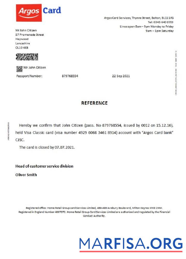 Blank United Kingdom Argos Card closure reference template